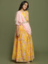 Girl's Yellow Floral Print Crop Top & Lehenga Set With Dupatta